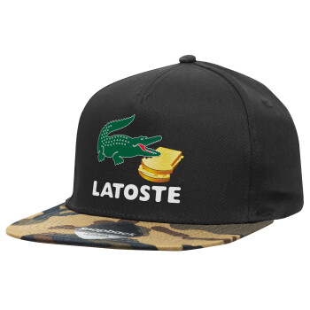 Latoste, Adult Flat Snapback Hat Black/Camouflage, (100% COTTON TWILL, ADULT, UNISEX, ONE SIZE)