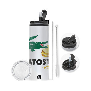 Latoste, Travel Tumbler 2 Lids, with metal straw & cleaning brush (Stainless steel 304 Food grade, BPA free, 600ml)