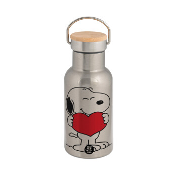 Snoopy takemy heart, Μεταλλικό παγούρι θερμός (Stainless steel) Ασημένιο με ξύλινο καπακι (bamboo), διπλού τοιχώματος, 350ml