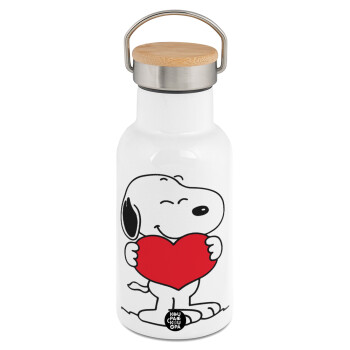 Snoopy takemy heart, Μεταλλικό παγούρι θερμός (Stainless steel) Λευκό με ξύλινο καπακι (bamboo), διπλού τοιχώματος, 350ml