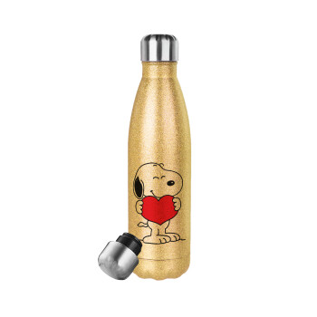 Snoopy takemy heart, Μεταλλικό παγούρι θερμός Glitter χρυσό (Stainless steel), διπλού τοιχώματος, 500ml