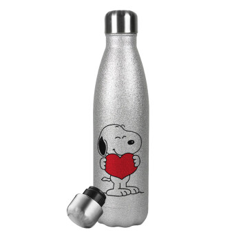 Snoopy takemy heart, Μεταλλικό παγούρι θερμός Glitter Aσημένιο (Stainless steel), διπλού τοιχώματος, 500ml