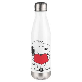 Snoopy takemy heart, Μεταλλικό παγούρι θερμός Λευκό (Stainless steel), διπλού τοιχώματος, 500ml