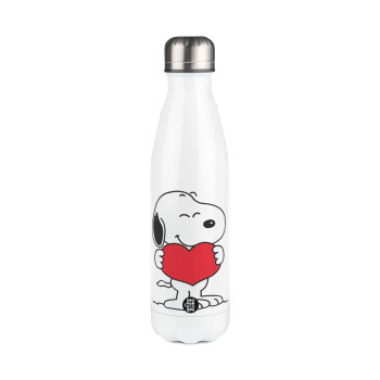 Snoopy takemy heart, Μεταλλικό παγούρι θερμός Λευκό (Stainless steel), διπλού τοιχώματος, 500ml