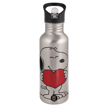 Snoopy takemy heart, Water bottle Silver with straw, stainless steel 600ml