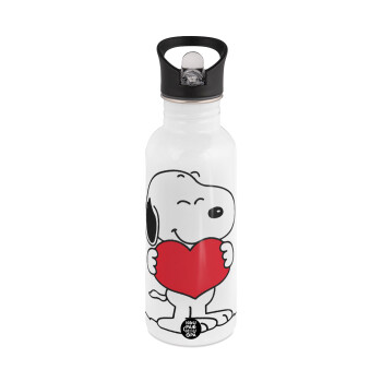 Snoopy takemy heart, White water bottle with straw, stainless steel 600ml