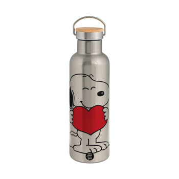 Snoopy takemy heart, Μεταλλικό παγούρι θερμός (Stainless steel) Ασημένιο με ξύλινο καπακι (bamboo), διπλού τοιχώματος, 750ml