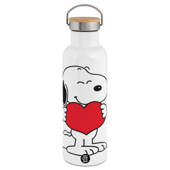 Snoopy takemy heart, Μεταλλικό παγούρι θερμός (Stainless steel) Λευκό με ξύλινο καπακι (bamboo), διπλού τοιχώματος, 750ml