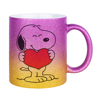 Snoopy takemy heart, Κούπα Χρυσή/Ροζ Glitter, κεραμική, 330ml