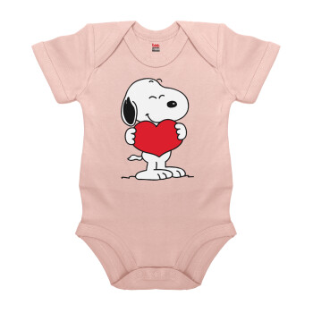 Snoopy takemy heart, Βρεφικό φορμάκι μωρού, 0-18 μηνών, ΡΟΖ POWDER, 100% Organic Cotton, κοντομάνικο