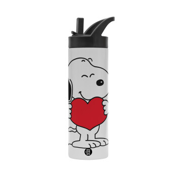 Snoopy takemy heart, Μεταλλικό παγούρι θερμός με καλαμάκι & χειρολαβή, ανοξείδωτο ατσάλι (Stainless steel 304), διπλού τοιχώματος, 600ml