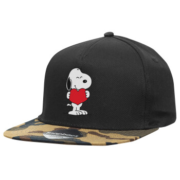 Snoopy takemy heart, Adult Flat Snapback Hat Black/Camouflage, (100% COTTON TWILL, ADULT, UNISEX, ONE SIZE)