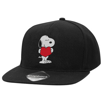 Snoopy takemy heart, Adult Flat Snapback Hat Black, (100% COTTON TWILL, ADULT, UNISEX, ONE SIZE)