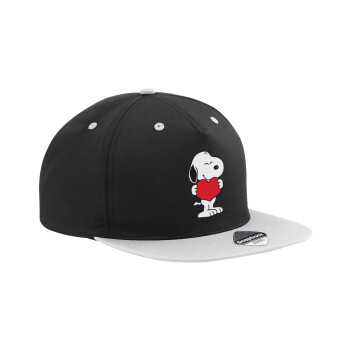 Snoopy takemy heart, Adult Flat Snapback Hat Black/Grey, (100% COTTON TWILL, ADULT, UNISEX, ONE SIZE)