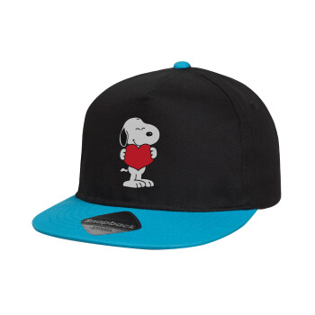 Snoopy takemy heart, Child's Flat Snapback Hat, Black/Blue (100% COTTON, CHILD, UNISEX, ONE SIZE)