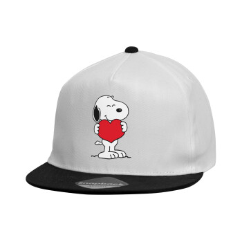 Snoopy takemy heart, Καπέλο παιδικό Flat Snapback, Λευκό (100% ΒΑΜΒΑΚΕΡΟ, ΠΑΙΔΙΚΟ, UNISEX, ONE SIZE)