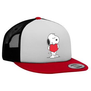 Snoopy takemy heart, Καπέλο Ενηλίκων Foam Flat Snapback με Δίχτυ Κόκκινο-Λευκό-Μαύρο (POLYESTER, ΕΝΗΛΙΚΩΝ, UNISEX, ONE SIZE)