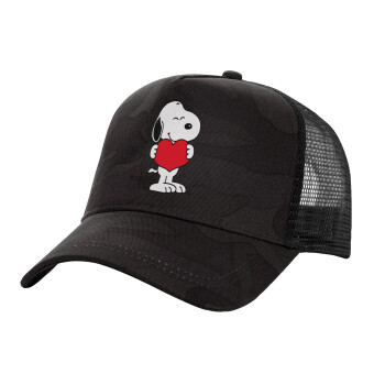 Snoopy takemy heart, Adult Structured Trucker Hat, with Mesh, Dark Army (100% COTTON, ADULT, UNISEX, ONE SIZE)