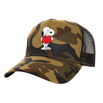 Snoopy takemy heart, Adult Structured Trucker Hat, with Mesh, (Camouflage) Army (100% COTTON, ADULT, UNISEX, ONE SIZE)