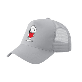 Snoopy takemy heart, Adult Structured Trucker Hat, with Mesh, GRAY (100% COTTON, ADULT, UNISEX, ONE SIZE)