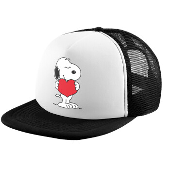 Snoopy takemy heart, Adult Soft Trucker Hat with Black/White Mesh (POLYESTER, ADULT, UNISEX, ONE SIZE)