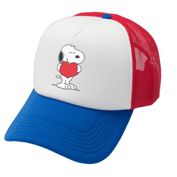 Snoopy takemy heart, Adult Soft Trucker Hat with Red/Blue/White Mesh (POLYESTER, ADULT, UNISEX, ONE SIZE)