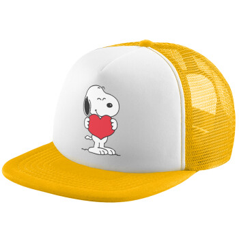 Snoopy takemy heart, Καπέλο Ενηλίκων Soft Trucker με Δίχτυ Κίτρινο/White (POLYESTER, ΕΝΗΛΙΚΩΝ, UNISEX, ONE SIZE)