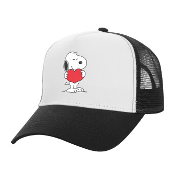 Snoopy takemy heart, Adult Structured Trucker Hat, with Mesh, WHITE/BLACK (100% COTTON, ADULT, UNISEX, ONE SIZE)