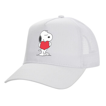 Snoopy takemy heart, Structured Trucker Adult Hat, with Mesh, WHITE (100% COTTON, ADULT, UNISEX, ONE SIZE)