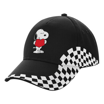 Snoopy takemy heart, Adult Ultimate BLACK RACING Cap, (100% COTTON DRILL, ADULT, UNISEX, ONE SIZE)