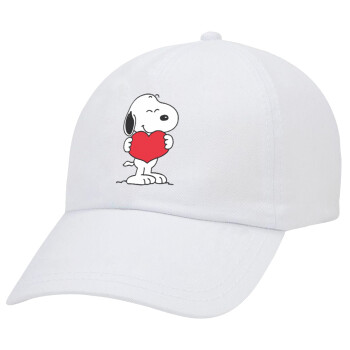 Snoopy takemy heart, Adult Baseball Cap White 5-panel (POLYESTER, ADULT, UNISEX, ONE SIZE)