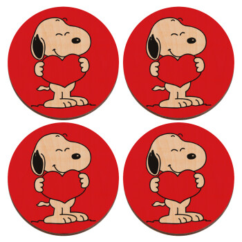 Snoopy takemy heart, ΣΕΤ x4 Σουβέρ ξύλινα στρογγυλά plywood (9cm)