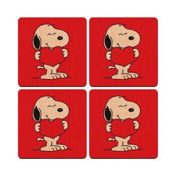 Snoopy takemy heart, ΣΕΤ x4 Σουβέρ ξύλινα τετράγωνα plywood (9cm)