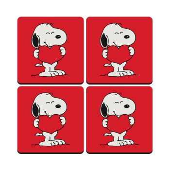 Snoopy takemy heart, ΣΕΤ 4 Σουβέρ ξύλινα τετράγωνα (9cm)