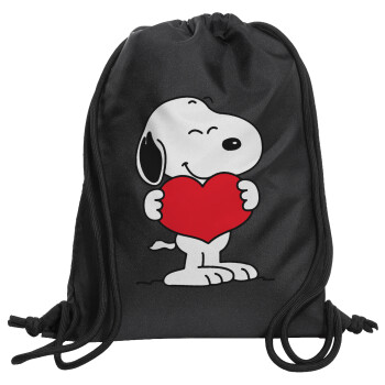 Snoopy takemy heart, Backpack pouch GYMBAG Black, with pocket (40x48cm) & thick cords