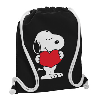 Snoopy takemy heart, Τσάντα πλάτης πουγκί GYMBAG Μαύρη, με τσέπη (40x48cm) & χονδρά λευκά κορδόνια