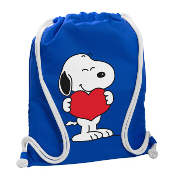 Snoopy takemy heart, Backpack pouch GYMBAG Blue, with pocket (40x48cm) & thick cords