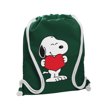 Snoopy takemy heart, Backpack pouch GYMBAG BOTTLE GREEN, with pocket (40x48cm) & thick white cords