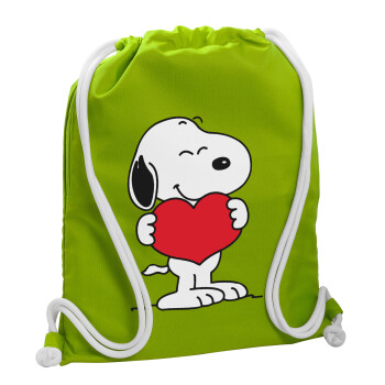 Snoopy takemy heart, Backpack bag GYMBAG LIME GREEN, with pocket (40x48cm) & thick cords