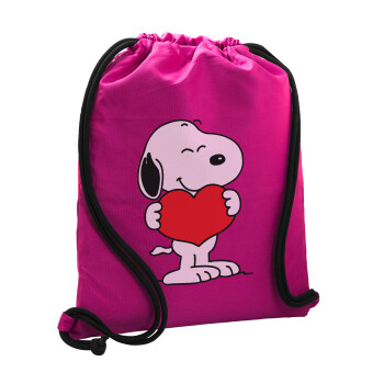 Snoopy takemy heart, Backpack pouch GYMBAG Fuchsia, with pocket (40x48cm) & thick cords