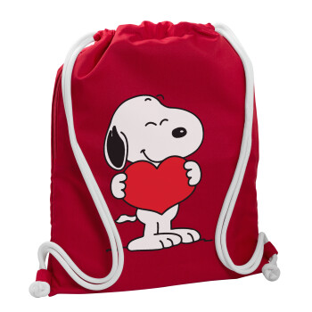 Snoopy takemy heart, Backpack pouch GYMBAG Red, with pocket (40x48cm) & thick cords