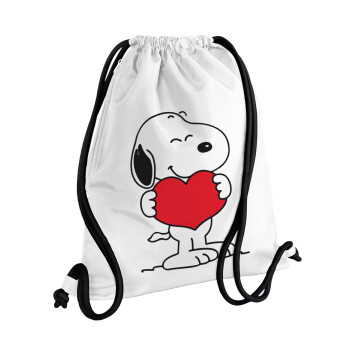 Snoopy takemy heart, Τσάντα πλάτης πουγκί GYMBAG λευκή, με τσέπη (40x48cm) & χονδρά κορδόνια