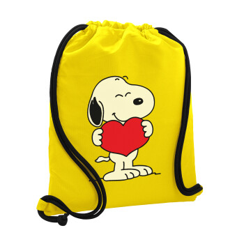 Snoopy takemy heart, Τσάντα πλάτης πουγκί GYMBAG Κίτρινη, με τσέπη (40x48cm) & χονδρά κορδόνια