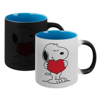 Snoopy takemy heart, Κούπα Μαγική εσωτερικό μπλε, κεραμική 330ml που αλλάζει χρώμα με το ζεστό ρόφημα