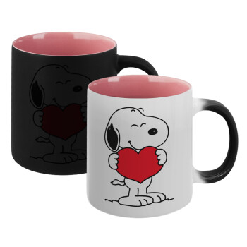 Snoopy takemy heart, Κούπα Μαγική εσωτερικό ΡΟΖ, κεραμική 330ml που αλλάζει χρώμα με το ζεστό ρόφημα