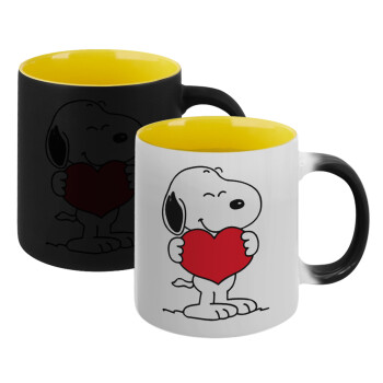 Snoopy takemy heart, Κούπα Μαγική εσωτερικό κίτρινη, κεραμική 330ml που αλλάζει χρώμα με το ζεστό ρόφημα