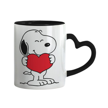 Snoopy takemy heart, Κούπα καρδιά χερούλι μαύρη, κεραμική, 330ml