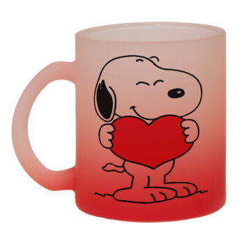 Snoopy takemy heart, Κούπα γυάλινη δίχρωμη με βάση το κόκκινο ματ, 330ml