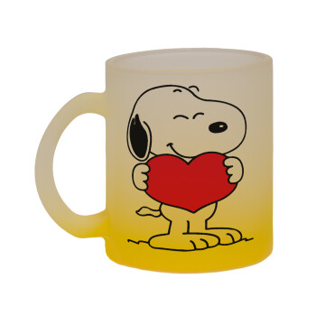 Snoopy takemy heart, Κούπα γυάλινη δίχρωμη με βάση το κίτρινο ματ, 330ml