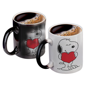 Snoopy takemy heart, Color changing magic Mug, ceramic, 330ml when adding hot liquid inside, the black colour desappears (1 pcs)